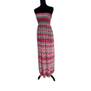 Walgreens Women Strapless Smocked Maxi Dress Multi-Color Chevron Geometric SizeM